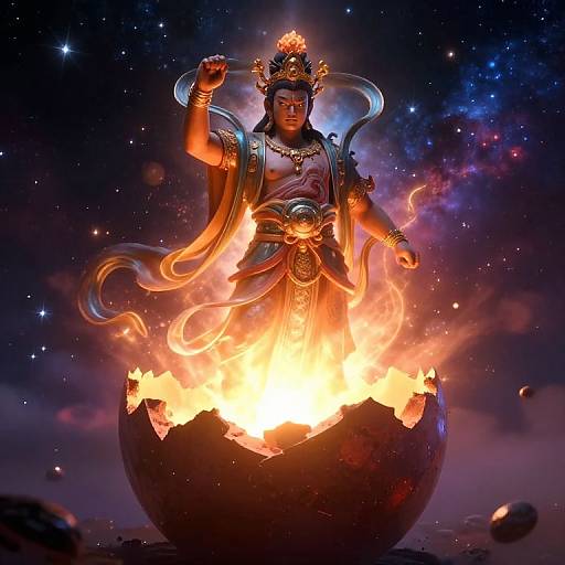 Photograph of a fiery, divine Hindu deity with four arms, adorned in elaborate jewelry and traditional attire, emerging from a cracked, burning sphere against a
