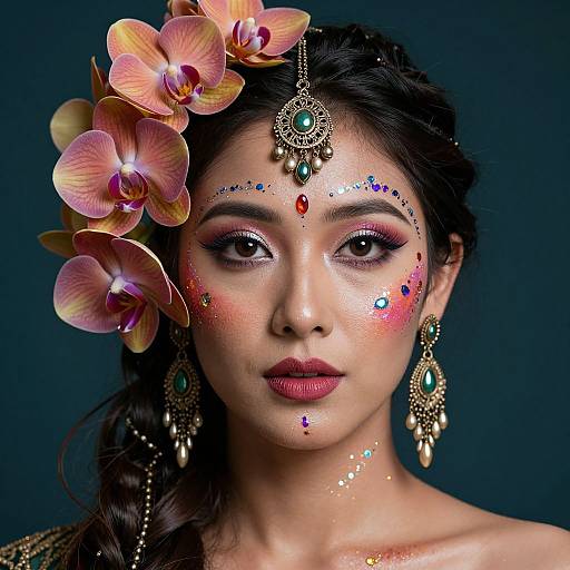 Photograph of an East Asian woman with dark hair, adorned with orchids, wearing elaborate gold jewelry, and vividly painted face with gemstones,