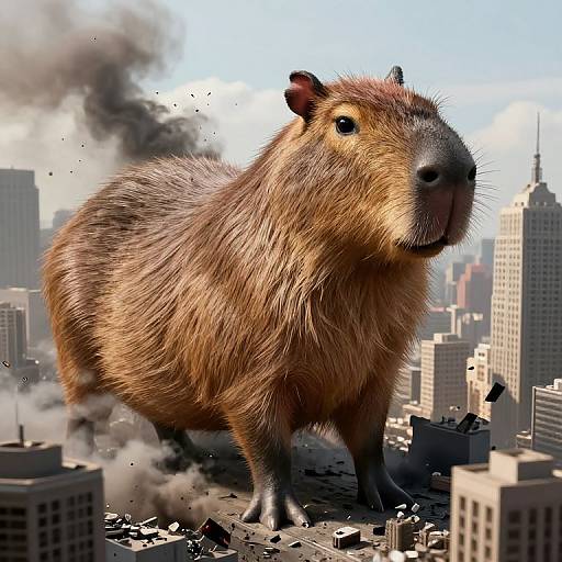 Digital artwork of a massive, brown beaver standing amidst a cityscape, destroying buildings with its large paws, black smoke rising.