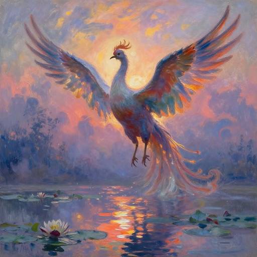 Digital painting of a vibrant, rainbow-feathered phoenix with outstretched wings, glowing at sunset, reflected in a serene pond with lily pads
