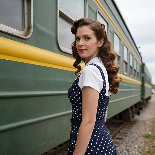 Photograph of a young woman with curly brown hair, wearing a navy polka dot dress and white blouse, standing beside a green and yellow train on