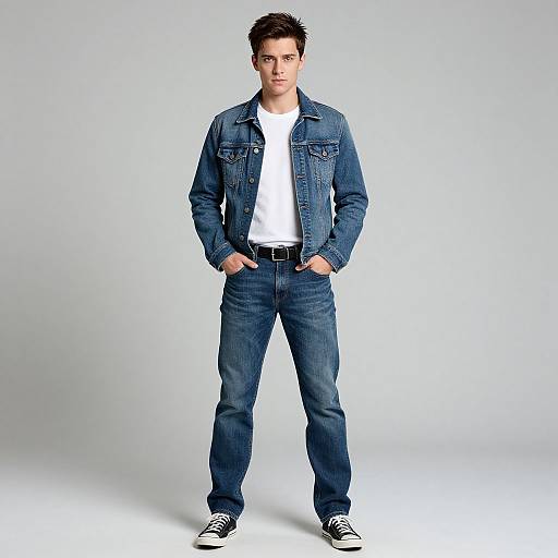 Photograph of a young man with short brown hair, wearing a blue denim jacket, white t-shirt, blue jeans, black belt, and black sneakers