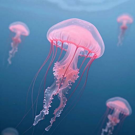 Photograph of glowing pink jellyfish with translucent bodies and flowing tentacles, floating in a deep blue underwater ocean background.