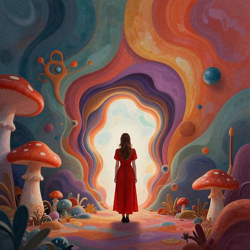 Digital art of a silhouetted girl in a red dress standing in a vibrant, swirling, fantastical forest with glowing mushrooms and colorful, w