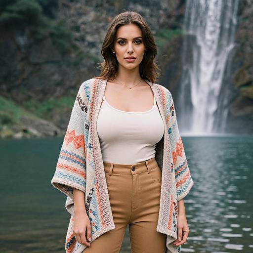 Photograph of a brunette woman with fair skin, wearing a white tank top, beige pants, and a colorful patterned cardigan, standing in front