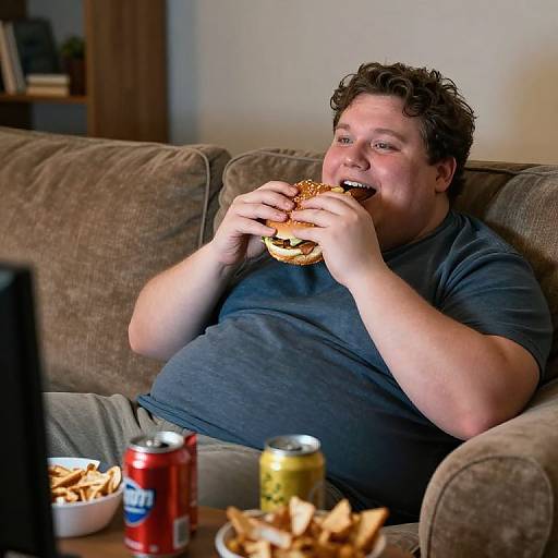 Photograph of a chubby, curly-haired man in a gray shirt, happily biting into a burger on a brown couch, surrounded by snacks and soda cans