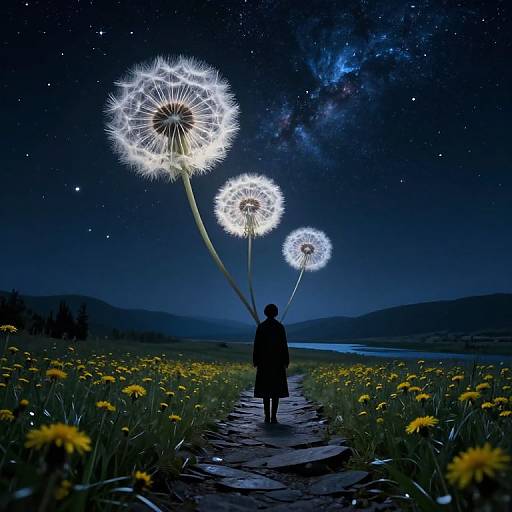 Silhouetted figure stands on path in moonlit field, gazing at glowing dandelions against starry night sky and Milky Way.