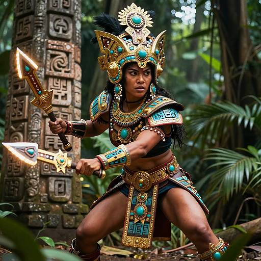 Photorealistic digital art of a fierce, dark-skinned warrior woman in elaborate Mayan-inspired armor, wielding glowing knives in a dense jungle, standing