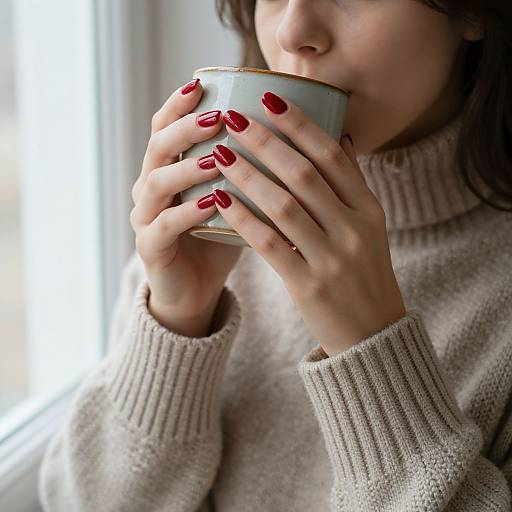 Photograph of a woman with fair skin, red nail polish, and brown hair, sipping from a light blue cup, wearing a beige knitted