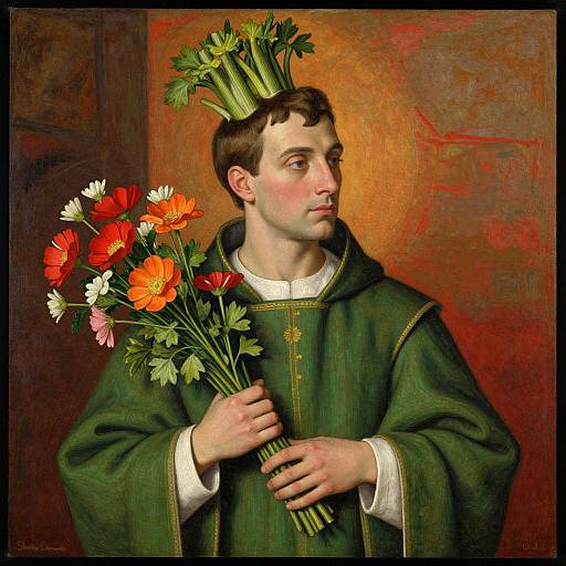 Photorealistic painting of a young Caucasian man with short brown hair, wearing a green robe, holding a bouquet of vibrant flowers and a leafy crown