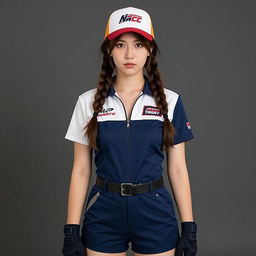 Photograph of an Asian woman with long braids, wearing a white and navy Honda racing outfit, red and white cap, black gloves, and belt