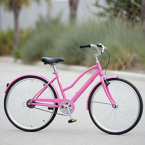 Photograph of a bright pink, vintage-style bicycle with black seat, silver handlebars, and white tires, parked on a white, sunlit street