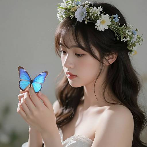 Photograph of an East Asian woman with long black hair, wearing a white lace top and a flower crown, gently holding a blue butterfly against a soft