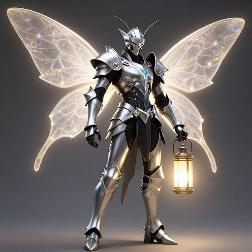 Digital art of a futuristic, armored knight with glowing, translucent fairy wings, holding a lantern, against a dark gradient background.