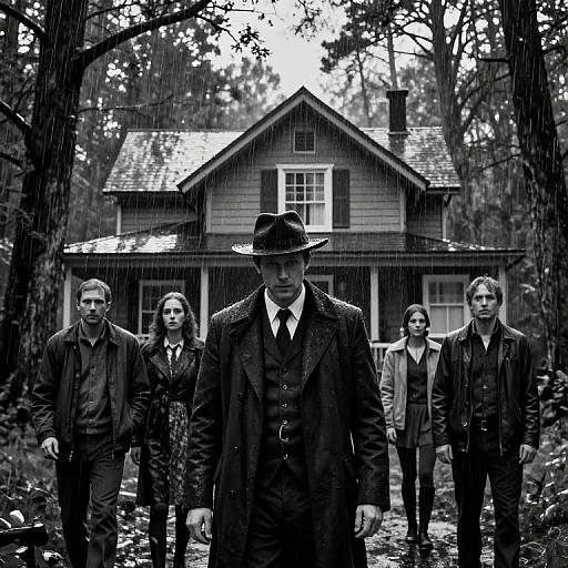 Black-and-white photograph of five serious-faced people in dark clothing, standing in rain, with a house in the background, central figure in a hat and