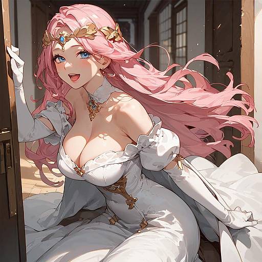 Digital anime-style drawing of a pink-haired, blue-eyed, fair-skinned woman with large breasts, wearing a white, low-cut, ornate gown