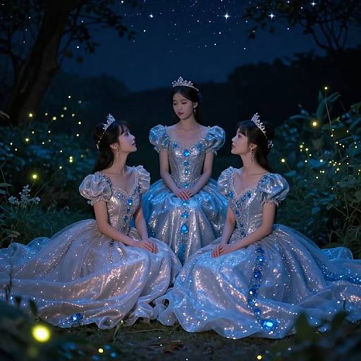Photograph of three Asian women in shimmering, blue-lit, silver ball gowns with puffed sleeves, sitting in a starry night garden