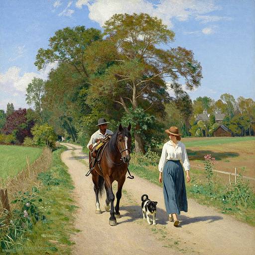 Photograph of a rural scene: a man in white shirt and hat rides a brown horse, accompanied by a woman in white blouse and blue skirt,