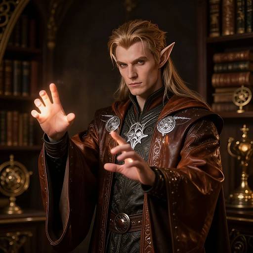 Photorealistic digital artwork of a blonde, elven wizard with pointed ears, wearing a dark leather robe, casting a glowing spell in a dimly