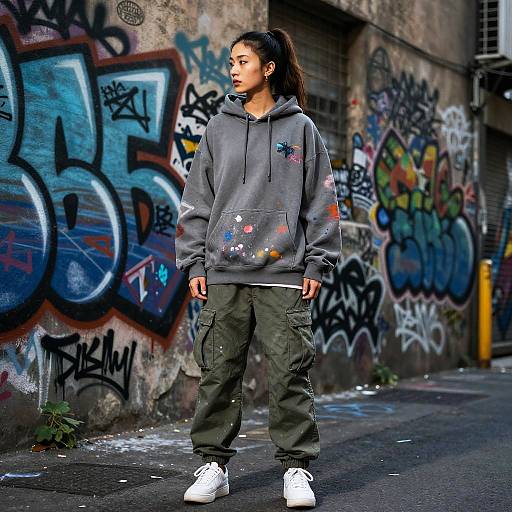 Photograph of an Asian woman with long black hair in a ponytail, wearing a gray hoodie with colorful patches, green cargo pants, and white sneakers