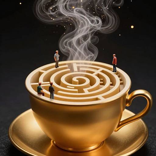 Golden teacup with maze inside, steam rising, three tiny figurines standing on maze paths, dark background, glowing effect.
