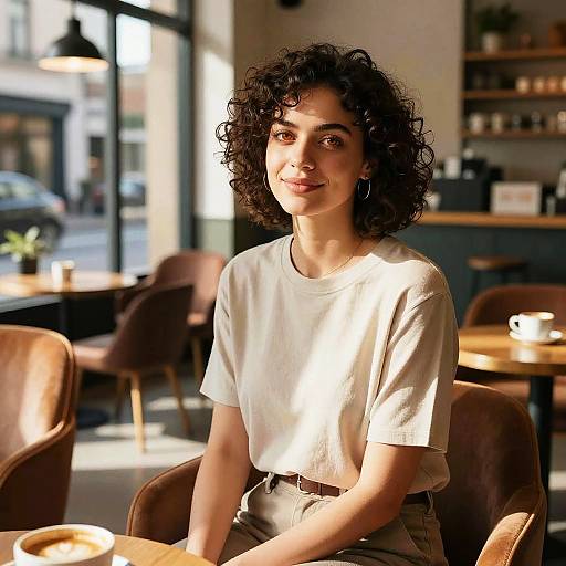 Photograph of a curly-haired woman with light brown skin, smiling in a sunlit café, wearing a white t-shirt and beige pants.