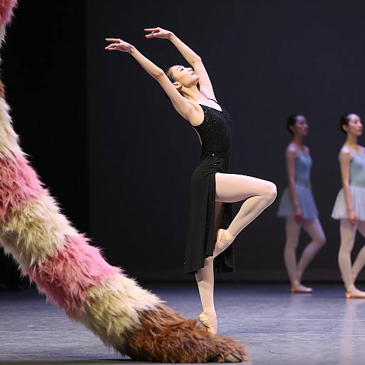 Elegant Ballet Dancer Amid Vibrant Furry Object