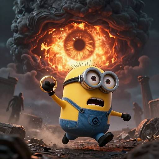 CGI image of Minion-style Minions character with yellow body, blue overalls, and large goggles, running from a massive, fiery explosion.