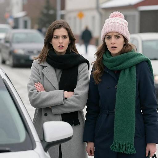 Surprised Women Beside Car in Snowy City