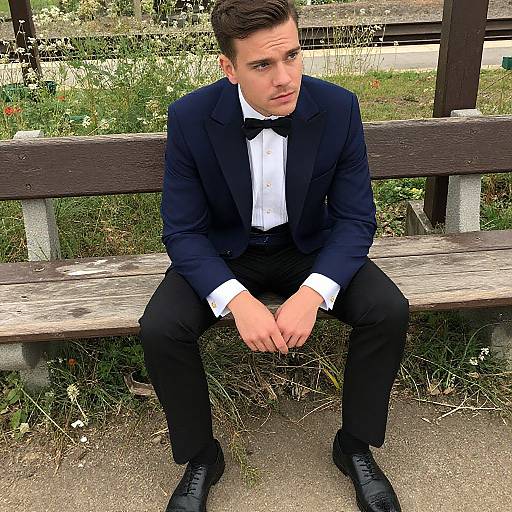 Photograph of a young man with short dark hair, wearing a black tuxedo, white shirt, black bow tie, and black shoes, sitting
