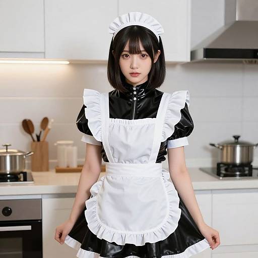 Photograph of an Asian woman with black bob haircut, wearing a classic black and white French maid outfit, standing in a modern white kitchen.