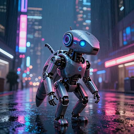 CGI image of a shiny, blue-eyed, metallic robot puppy walking in a neon-lit, rainy urban street at night, reflections on wet pavement
