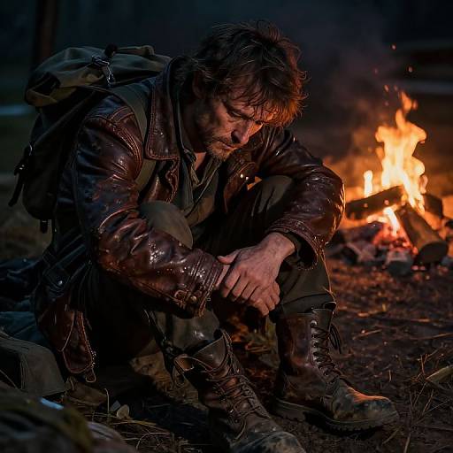 Photograph of a weary, bearded man in dark leather jacket and boots, sitting by a bright campfire, with a backpack on, in a