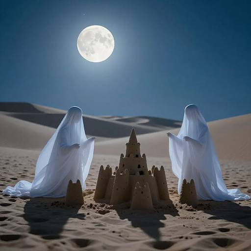 Photograph of two ghostly, translucent figures in white hoods flanking a sandcastle under a bright full moon in a desert.