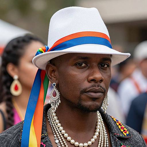 Photograph of a serious, dark-skinned African man wearing a white hat with rainbow stripes, silver earrings, pearl necklaces, and colorful embroidered jacket