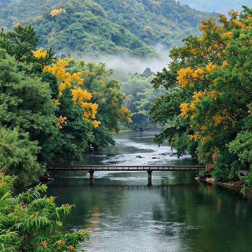 Photograph of a serene river with a wooden bridge, surrounded by lush green trees and vibrant yellow autumn leaves, mist rising in the background.