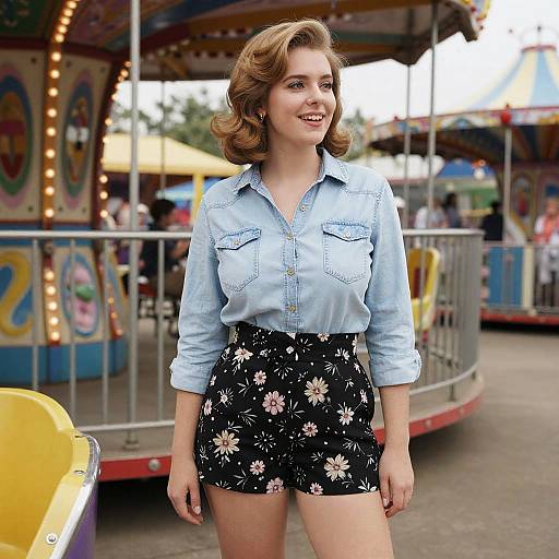 Photograph of a smiling young woman with wavy brown hair, wearing a light blue denim shirt and black floral shorts, standing in front of a colorful