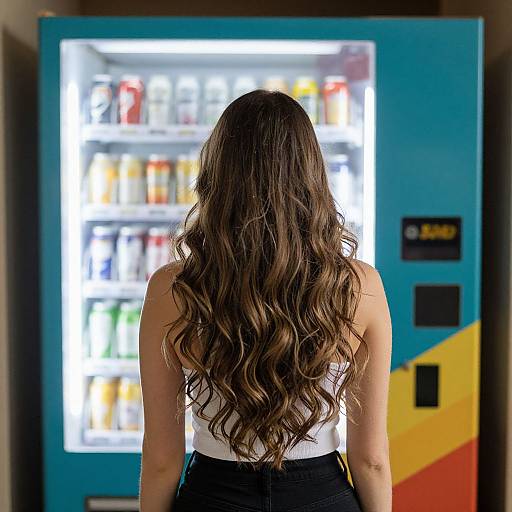 Photograph of a woman with long wavy brown hair, facing a brightly lit vending machine, wearing a white tank top and black pants.