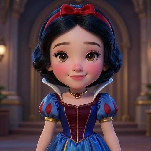 Digital art of Snow White, with large eyes, blushing cheeks, black wavy hair, red bow, blue dress, gold necklace, in a