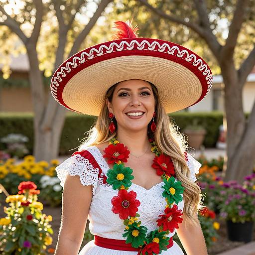 Photograph of a smiling blonde woman in a white lace dress, red and green flower garland, and large Mexican hat, standing in a sunny garden