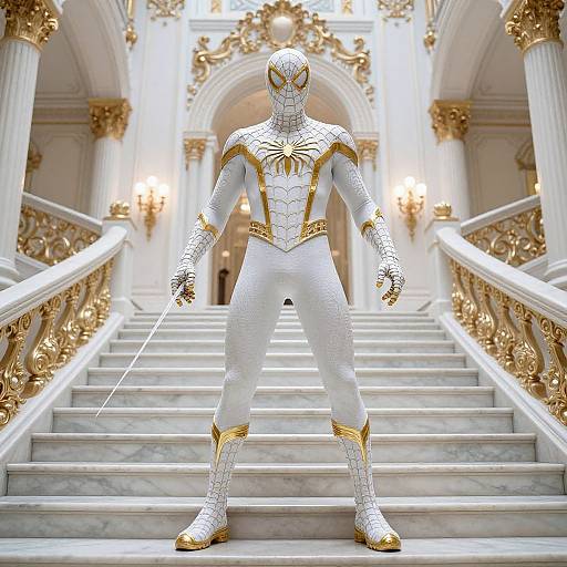CGI image of a white, gold-accented superhero in a detailed, ornate hallway with marble stairs, holding a wand. Opulent,