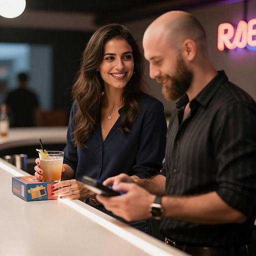 Smiling Couple at Neon-Lit Counter