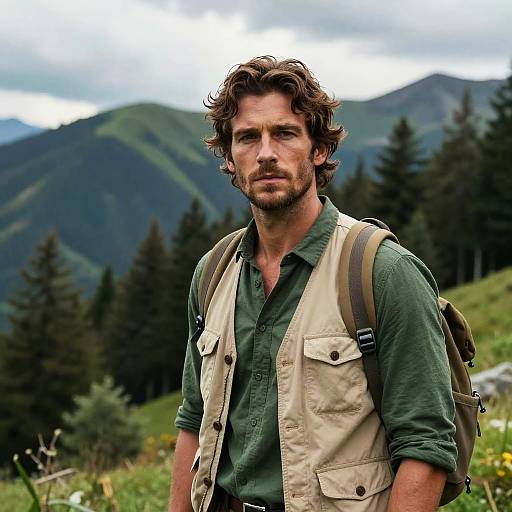 Photograph of a rugged, bearded man with curly brown hair, wearing a green shirt and beige vest, backpacked, standing in a lush mountain