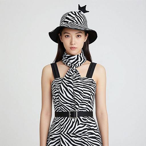 Photograph of an Asian woman with straight black hair, wearing a zebra-striped dress, matching hat with black butterfly, and scarf, against a plain