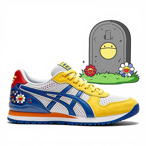 Colorful cartoon sneaker with blue, white, yellow, and red stripes, adorned with flowers, next to a gray tombstone with a yellow face