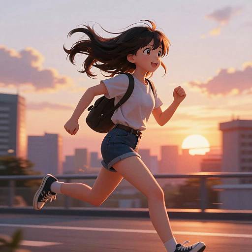 Anime Girl Running in Vibrant Cityscape
