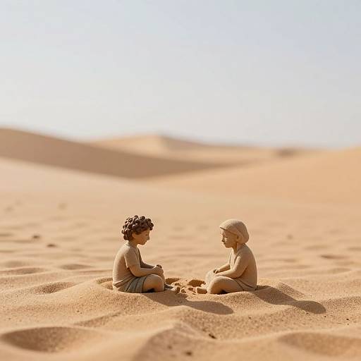 Photograph of two small, plastic, naked dolls with curly and bald hair sitting in a sunlit, endless desert, building sandcastles.