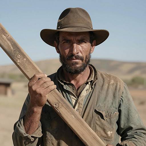 Rugged Man Holding Weathered Wooden Beam