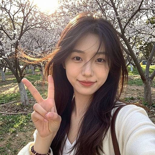 Photograph of a smiling young Asian woman with long black hair, making a peace sign in a sunlit cherry blossom orchard.