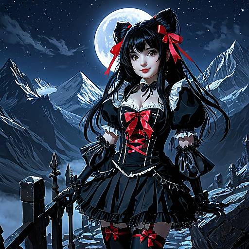 Digital anime-style artwork of a gothic girl with black hair, red bows, and a black dress, standing in a moonlit mountain landscape with a